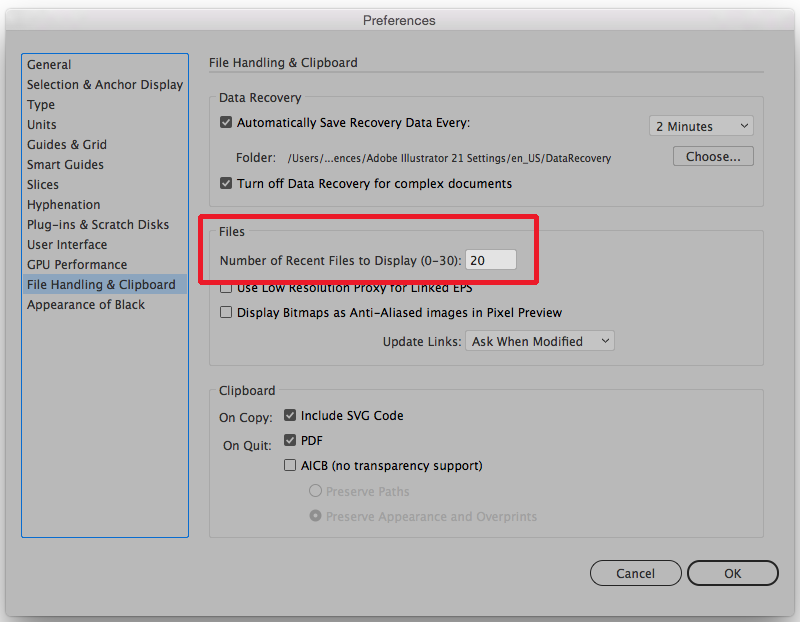 Illustrator changing number of recent files Adobe Support Community